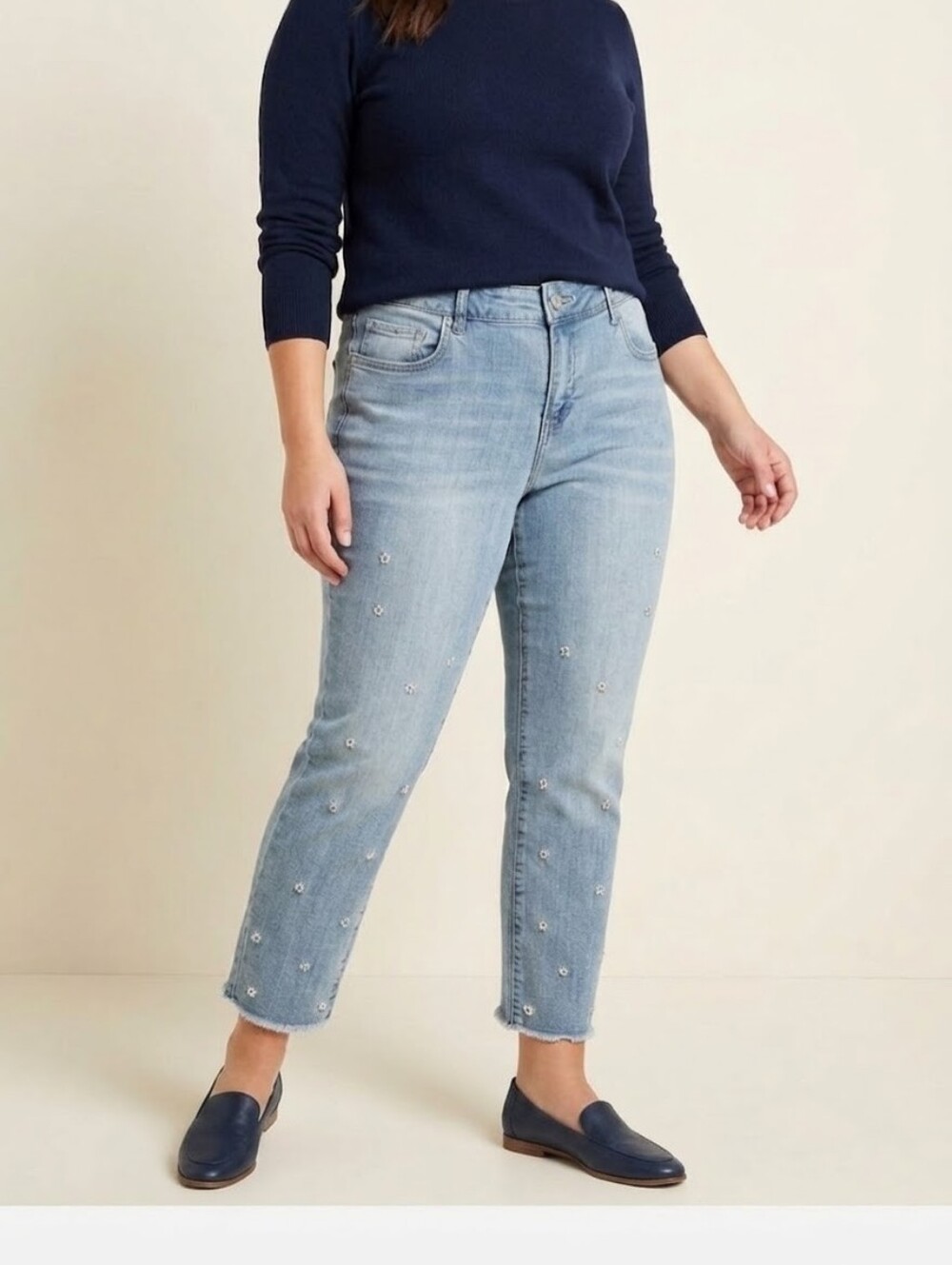 Code Bleu Light Blue Jeans with Daisy Floral Embellishments on Front
